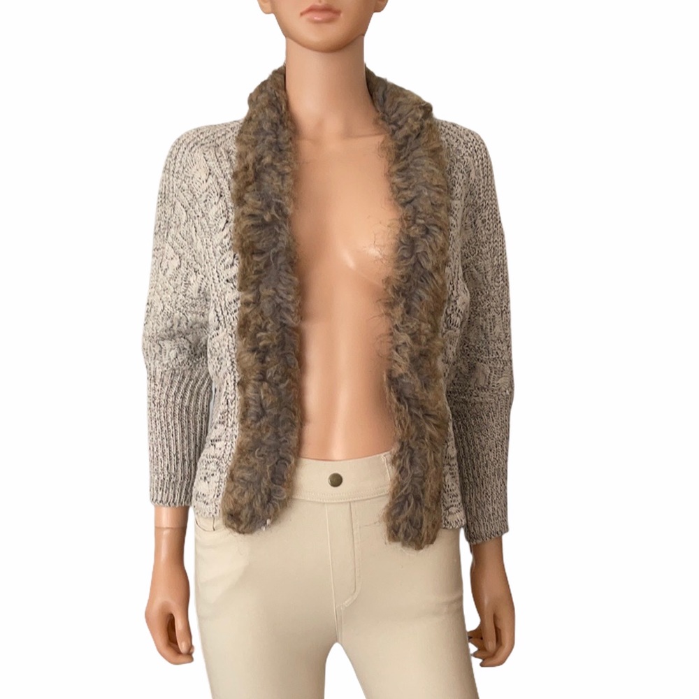 Women's Cable Knit Cardigan Sweater with Faux Fur Trim